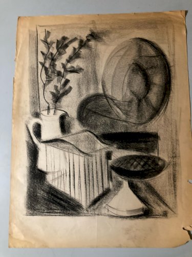 Dessin Fusain Papier Nature Morte Constructivisme 1950 Cubisme Cubiste Ancien