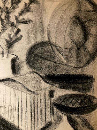 Dessin Fusain Papier Nature Morte Constructivisme 1950 Cubisme Cubiste Ancien