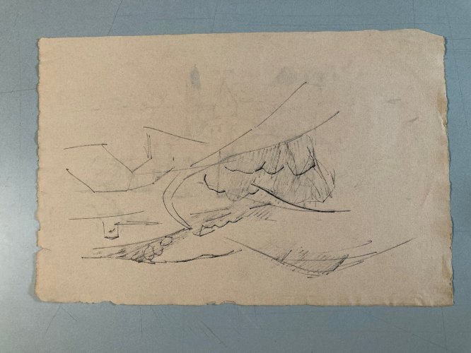 Dessin Fusain Village Cubiste Post Cubisme Papier 1960 Provence Arbre Art
