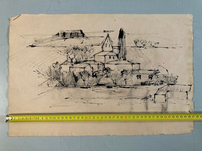 Dessin Fusain Village Cubiste Post Cubisme Papier 1960 Provence Arbre Art