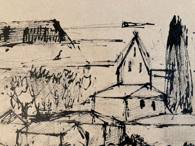 Dessin Fusain Village Cubiste Post Cubisme Papier 1960 Provence Arbre Art