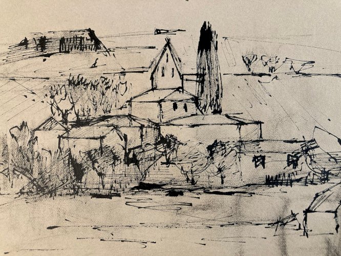 Dessin Fusain Village Cubiste Post Cubisme Papier 1960 Provence Arbre Art