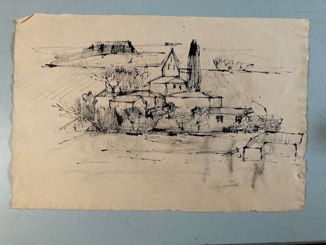 Dessin Fusain Village Cubiste Post Cubisme Papier 1960 Provence Arbre Art