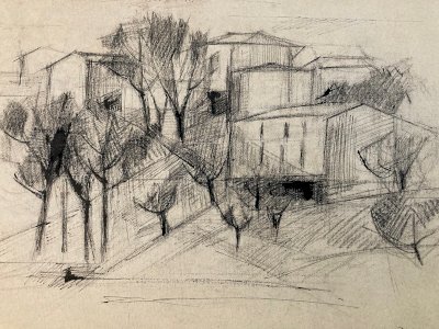 Dessin Fusain Village Cubiste Post Cubisme Papier 1960 Provence Campagne