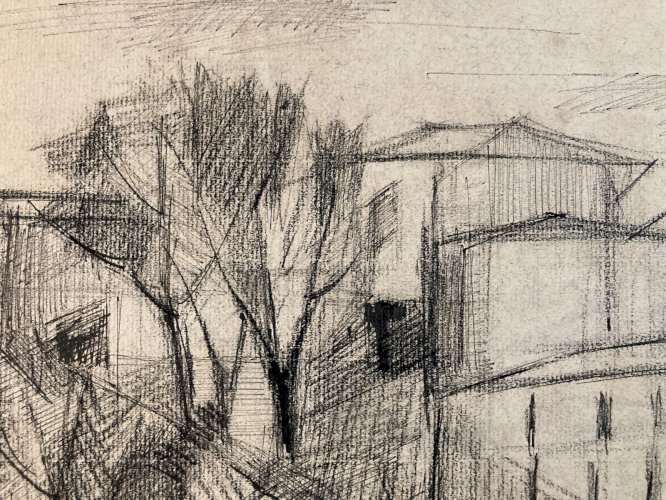 Dessin Fusain Village Cubiste Post Cubisme Papier 1960 Provence Campagne