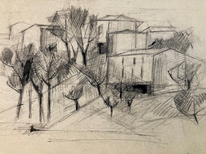 Dessin Fusain Village Cubiste Post Cubisme Papier 1960 Provence Campagne