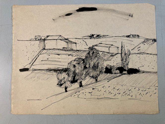 Dessin Fusain Village Cubiste Post Cubisme Papier 1960 Provence Campagne
