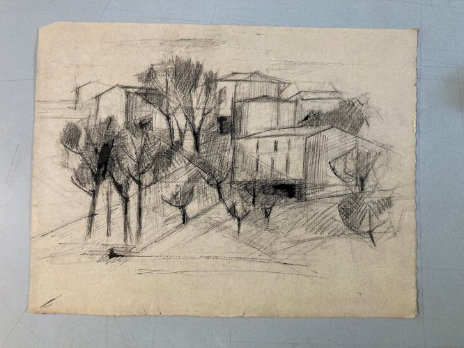 Dessin Fusain Village Cubiste Post Cubisme Papier 1960 Provence Campagne