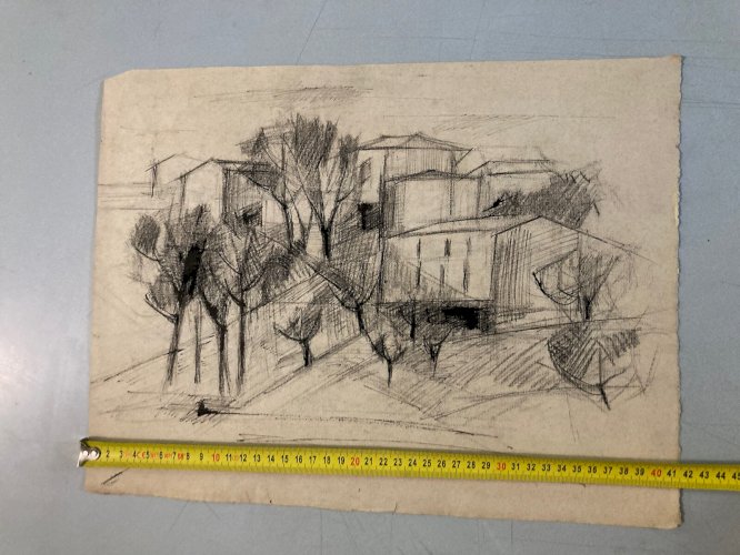 Dessin Fusain Village Cubiste Post Cubisme Papier 1960 Provence Campagne