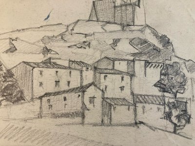 Dessin Fusain Village Provence Cubiste Art Cubisme Papier a identifier 1960