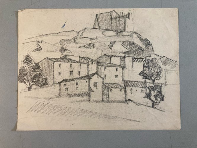 Dessin Fusain Village Provence Cubiste Art Cubisme Papier a identifier 1960
