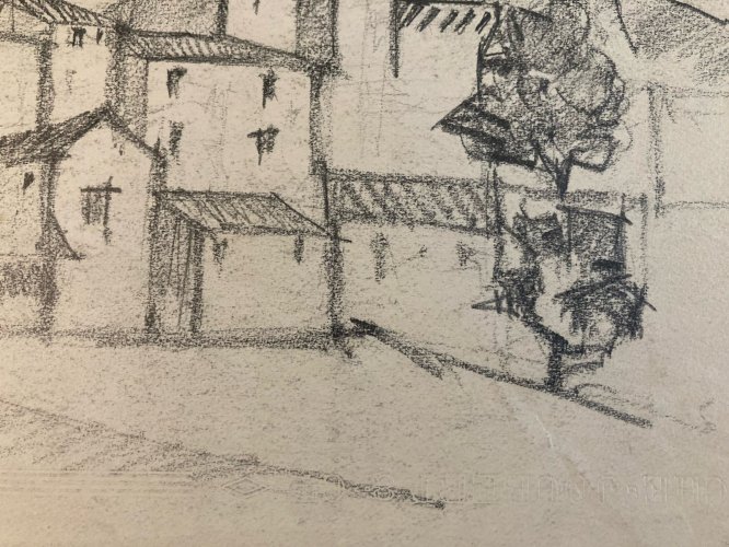 Dessin Fusain Village Provence Cubiste Art Cubisme Papier a identifier 1960