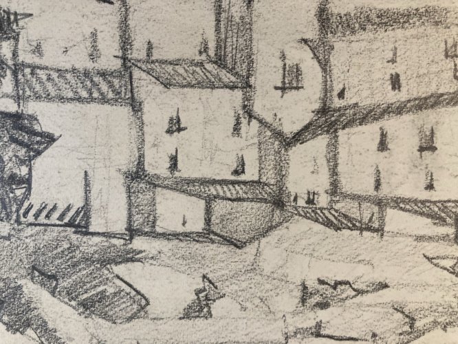 Dessin Fusain Village Provence Cubiste Art Cubisme Papier a identifier 1960