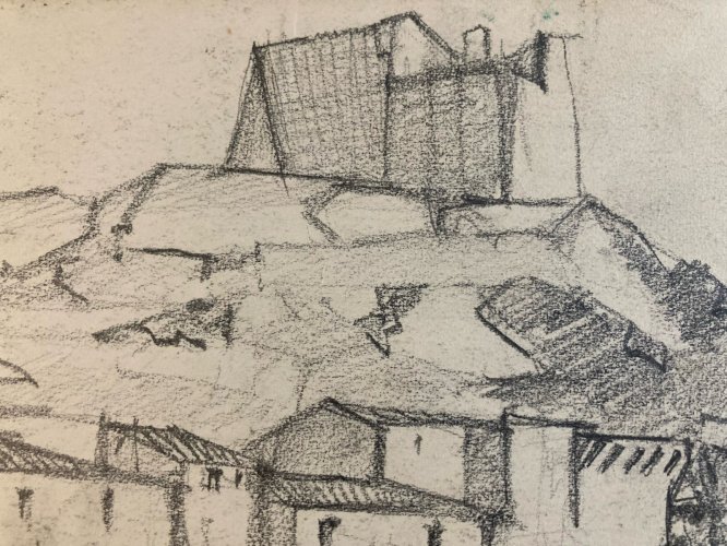 Dessin Fusain Village Provence Cubiste Art Cubisme Papier a identifier 1960