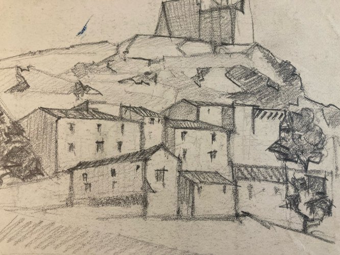 Dessin Fusain Village Provence Cubiste Art Cubisme Papier a identifier 1960