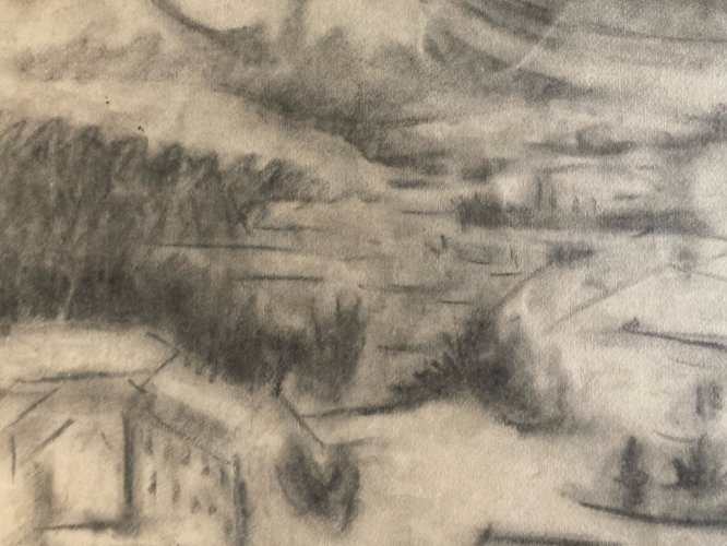 Dessin Fusain Village Provence Cubiste Cubisme Papier a identifier Art 1960