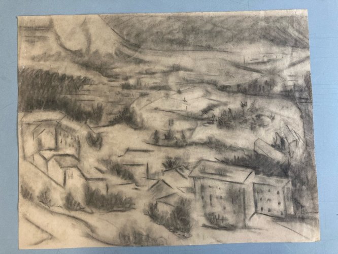 Dessin Fusain Village Provence Cubiste Cubisme Papier a identifier Art 1960