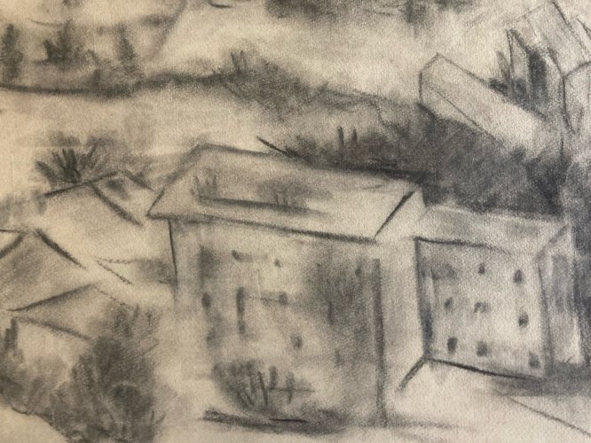Dessin Fusain Village Provence Cubiste Cubisme Papier a identifier Art 1960