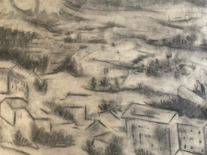 Dessin Fusain Village Provence Cubiste Cubisme Papier a identifier Art 1960