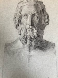 drawing charcoal 19th century Ancient Beard head bust Man Sculpted to be identified