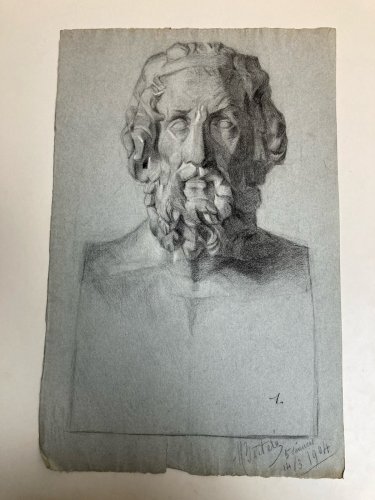 dessin fusain XIXe Barbe Ancien tete buste Homme Sculpté a identifier