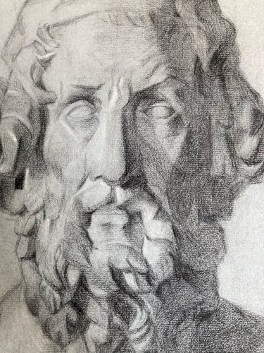 dessin fusain XIXe Barbe Ancien tete buste Homme Sculpté a identifier