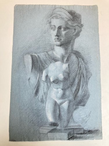 dessin fusain XIXe Femme Sculpture a identifier Ancien Torse Nu Grèce
