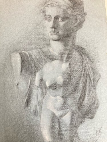 dessin fusain XIXe Femme Sculpture a identifier Ancien Torse Nu Grèce
