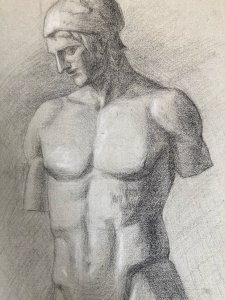 charcoal drawing 19th century Man Sculpture to identify Ancient Torso Nude Greece
