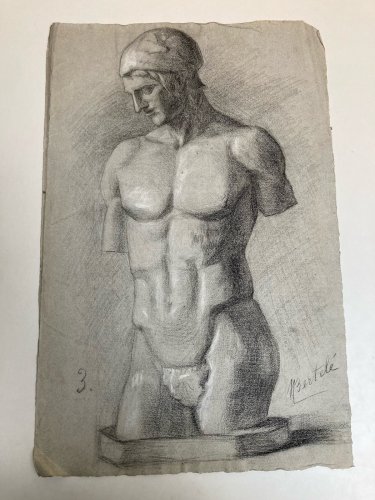 dessin fusain XIXe Homme Sculpture a identifier Ancien Torse Nu Grèce