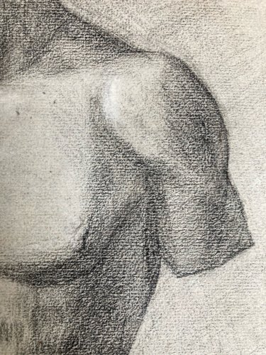 dessin fusain XIXe Homme Sculpture a identifier Ancien Torse Nu Grèce