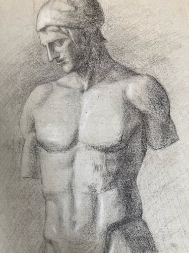 dessin fusain XIXe Homme Sculpture a identifier Ancien Torse Nu Grèce