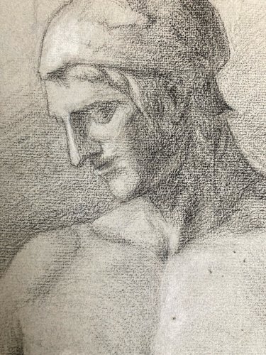 dessin fusain XIXe Homme Sculpture a identifier Ancien Torse Nu Grèce