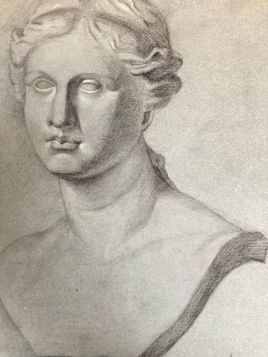 dessin fusain XIXe Pied tete buste Femme Sculpture a identifier Ancien