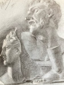 dessin fusain XIXe Pied tete buste Homme Sculpture a identifier Ancien