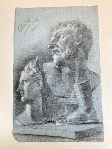 dessin fusain XIXe Pied tete buste Homme Sculpture a identifier Ancien