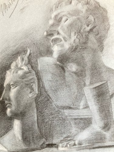 dessin fusain XIXe Pied tete buste Homme Sculpture a identifier Ancien