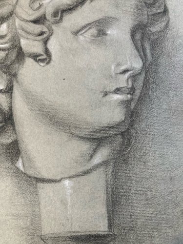 dessin fusain XIXe tete buste Homme Sculpture David Michel Ange Ancien