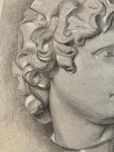 dessin fusain XIXe tete buste Homme Sculpture David Michel Ange Ancien