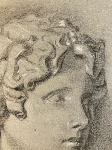 dessin fusain XIXe tete buste Homme Sculpture David Michel Ange Ancien