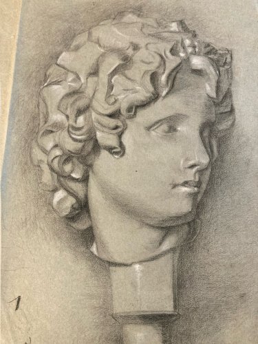 dessin fusain XIXe tete buste Homme Sculpture David Michel Ange Ancien