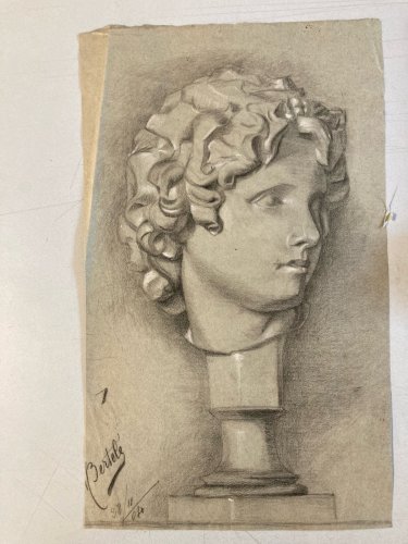 dessin fusain XIXe tete buste Homme Sculpture David Michel Ange Ancien