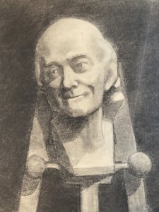 dessin fusain XIXe tete buste sur chevale￼t homme voltaire houdo art