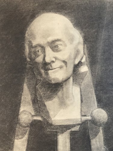 dessin fusain XIXe tete buste sur chevale￼t homme voltaire houdo art