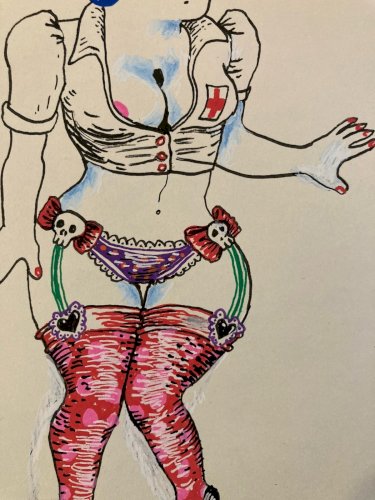 Dessin Gouache 2000 Sur Papier Femme  Chapeau Mode Drawing Peinture Infirmière