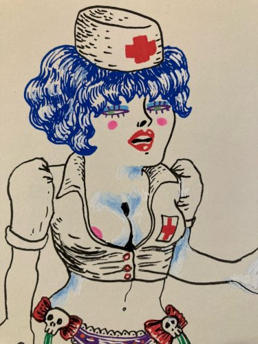 Dessin Gouache 2000 Sur Papier Femme  Chapeau Mode Drawing Peinture Infirmière