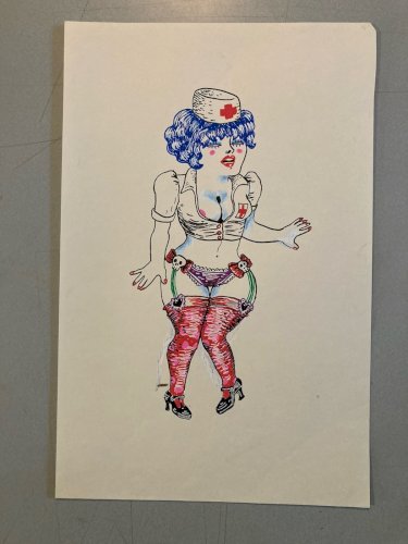 Dessin Gouache 2000 Sur Papier Femme  Chapeau Mode Drawing Peinture Infirmière