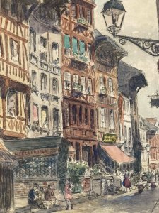 Dessin Gouache Aquarelle Papier Scène De Rue Barbet Rouan 1926 Ville Marché