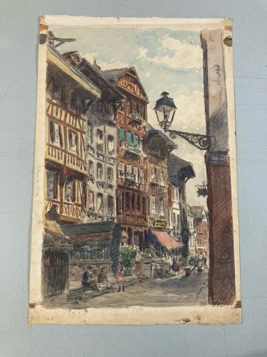 Dessin Gouache Aquarelle Papier Scène De Rue Barbet Rouan 1926 Ville Marché