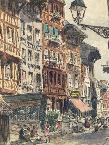 Dessin Gouache Aquarelle Papier Scène De Rue Barbet Rouan 1926 Ville Marché